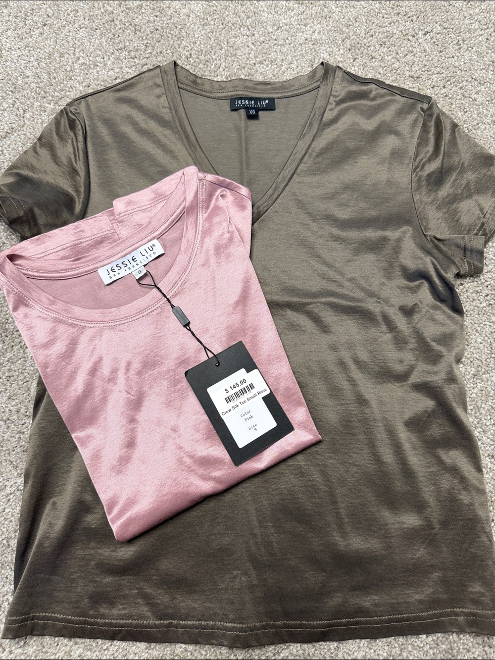 Silk T-Shirts Short Sleeve V-Neck and Crew Tee - Olive & Dusty Pink